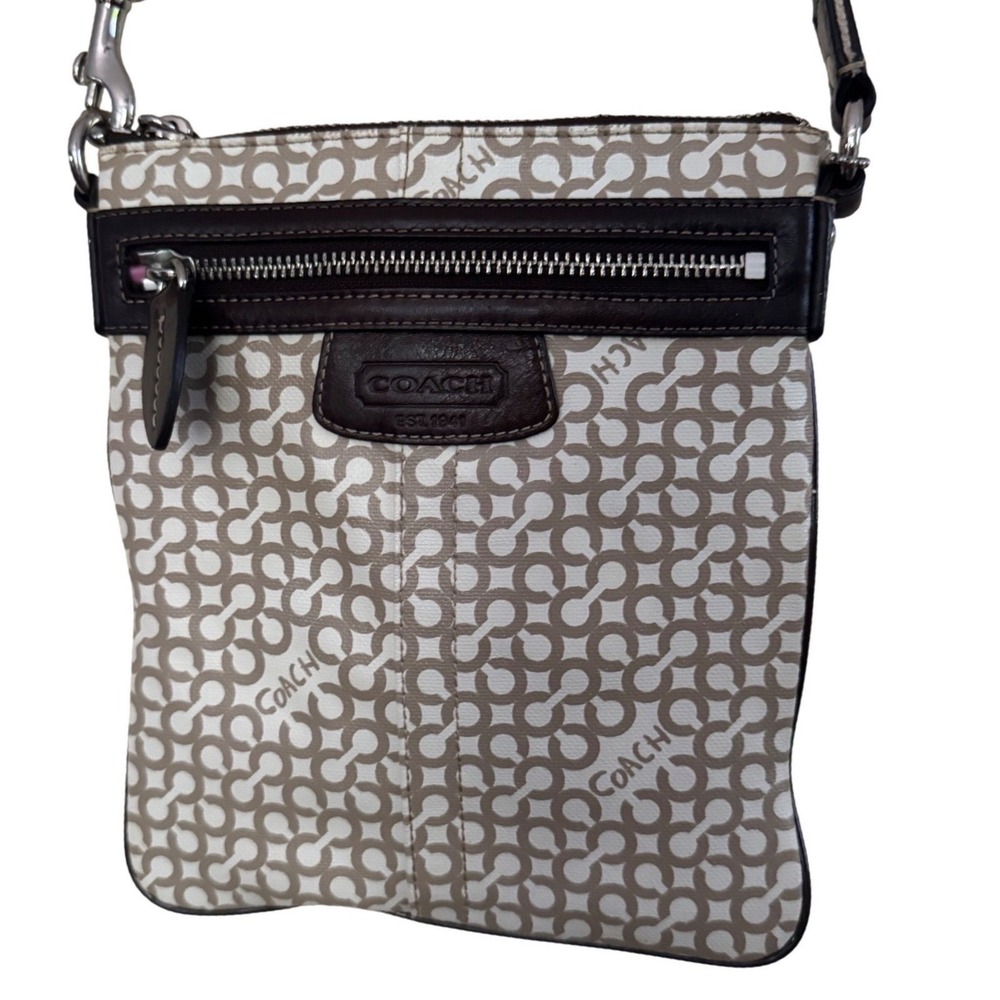 Coach Penelope Monogram Logo Beige Tan Leather Brown Trim Op Art Crossbody